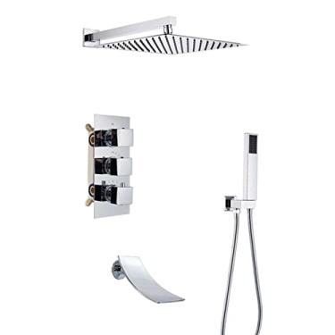 Imagem de CUTPOIY Conjunto de chuveiro sistema de chuveiro termostático com bico de banheira de cachoeira, conjuntos de torneiras de chuveiro cromados completos com chuveiro quadrado e handhled - ecológico