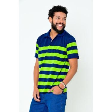 Imagem de Camisa Polo John Masculina Listrada Slim Camisaria Colombo, Azul marin