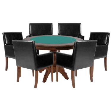 Imagem de Mesa de Jogos Carteado Montreal Tampo Reversível Imbuia 6 Cadeiras Liverpool PU Preto Liso GranBelo