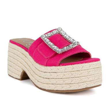 Imagem de Sugar Sandálias femininas de alpargatas sem cadarço – Slide de plataforma grossa com cabedal de tecido e fivela de strass – Sapato moderno de verão para uso casual e na praia, Lona rosa, 36