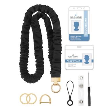 Imagem de SOPHIYAYA Cordão elástico elástico para chaves de crachás de identificação, cordão de professor fofo para mulheres com 2 porta-crachá transparente (Preto)