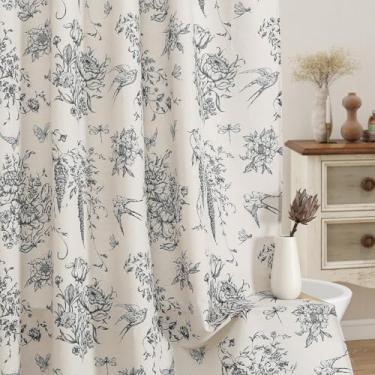 Imagem de MitoVilla Conjunto de cortina de chuveiro Black Farmhouse, cortinas de chuveiro de algodão floral andorinha cottagecore para banheiro, decoração de banheiro com flores francesas modernas, 182 cm L x