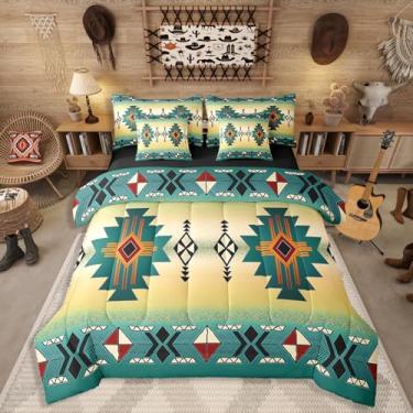 Imagem de Erosebridal Jogo de cama para meninos, solteiro, asteca ocidental, étnico, tribal, étnico, fazenda, geométrico, sudoeste, étnico americano, nativo, em uma bolsa, verde, amarelo