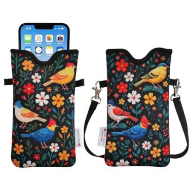 Imagem de Tainada Bolsa de neoprene masculina e feminina com alça transversal/cordão de pescoço para iPhone 16/15/14 Pro Max, 16/15/14 Plus, Samsung S25, A55, Google Pixel 9 (pássaros de flores coloridas)