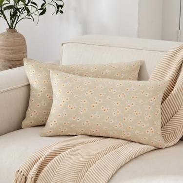 Imagem de RinRinfam Conjunto de 2 fronhas bordadas, margaridas, lombar, 30 x 50, capas de almofada de linho neutro, flores de fazenda, almofadas decorativas para cama, sofá ao ar livre, quarto, carro creme