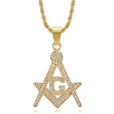 Imagem de Colar masculino banhado a ouro 18K, símbolo maçônico, pingente de aço inoxidável, corrente maçônica de 61 cm, joia hip hop