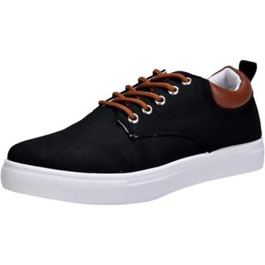 Imagem de Tênis masculino de lona com cadarço e cano baixo Plimsolls respirável casual moderno sapato social sola de borracha corrida, Preto, 8