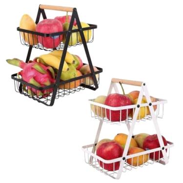 Imagem de Organizador de Metal com 2 Andares, Cesto Aramado com Alça em Madeira, Preto e Branco, Multiuso para Cozinha, Frutas e Verduras