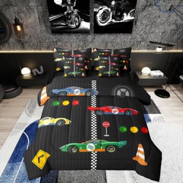 Imagem de Conjunto de cama solteiro de 7 peças com desenho animado de carros de corrida, preto e branco (edredom + lençol de cima + 2 fronhas + 2 fronhas + 2 fronhas