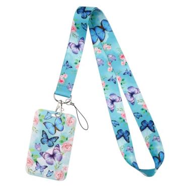 Imagem de Cordão de borboleta legal com suporte de crachás azul para chaves cordão de pescoço sedoso para mulheres e homens