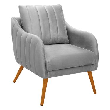 Imagem de Poltrona Salem Veludo Cinza Pés Palito Castanho - D'Rossi