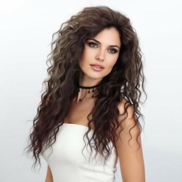 Imagem de Fencca Perucas longas cacheadas marrom escuro com destaque loiro para mulheres peruca sintética quente marrom cachos soltos parte livre peruca inchada