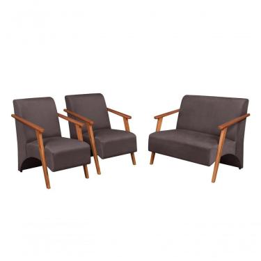 Imagem de Conjunto Venus Braços Em Madeira Maciça 1 Namoradeira 2 Poltronas Suede Unidecor Marrom