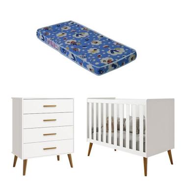 Imagem de Kit Berço Americano Isis MDF com Colchão Espuma Branco Fosco Ou Brilhante com Cômoda Gaveteiro