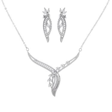 Imagem de Conjunto de joias florais de cristal, colar banhado a prata com pingente de zircônia cúbica, brincos de flor combinando, joias de casamento elegantes, One Size, Zircônia cúbica, Zircônia cúbica