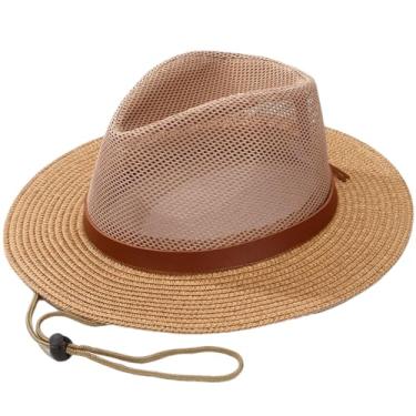 Imagem de Chapéu masculino de verão formal de malha para uso ao ar livre respirável feminino feriado aba larga sombra sol estreito rotina cáqui 55-58 cm