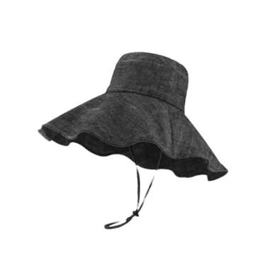 Imagem de Chapéus femininos grandes de aba larga com proteção UV chapéu de praia chapéu de praia algodão linho dobrável chapéu preto 55-58 cm