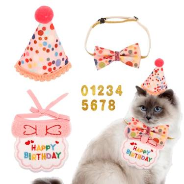 Imagem de Worutuk Artigos de festa de aniversário para gatos - Cachecol bandana de aniversário de gato e chapéu de festa (rosa, 11 cm x 14 cm)