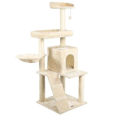 Imagem de Arranhador de gato luxuoso, multifuncional com casa, camas, cesto, poleiros e brinquedo (Bege)