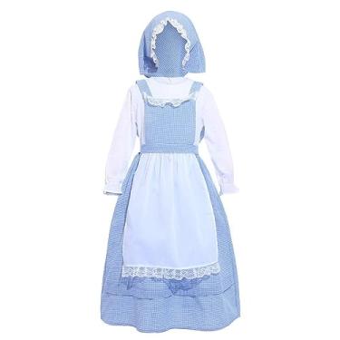 Imagem de Dressy Daisy Roupa de fantasia Pioneer Colonial Prairie azul guingão com avental e chapéu para crianças pequenas meninas tamanho 12-14