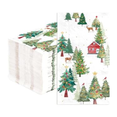 Imagem de 100 guardanapos de papel de Natal com 3 camadas de árvores de Natal descartáveis absorventes toalhas de mão de rena guardanapos para convidados vintage de Natal inverno almoço jantar banheiro
