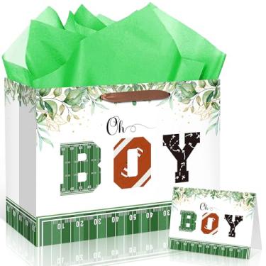 Imagem de Bolsa de presente de aniversário de futebol, saco de papel de embrulho de presente para meninos, meninos, rúgbi, decoração de festa, verde, saco de lembrancinhas esportivas com cartão de felicitações