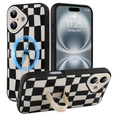 Imagem de SOKAD Capa quadriculada magnética para iPhone 16 com suporte de alça de dedo, compatível com Magsafe, lindo tabuleiro de xadrez projetado para mulheres e homens, capa de proteção completa para câmera