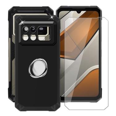 Imagem de YQINHHME Capa preta para Doogee S200 Max (6,7 polegadas) com 1 x vidro temperado + suporte de anel de metal para celular de 360°, capa fina de silicone macio de grau militar TPU à prova de choque para