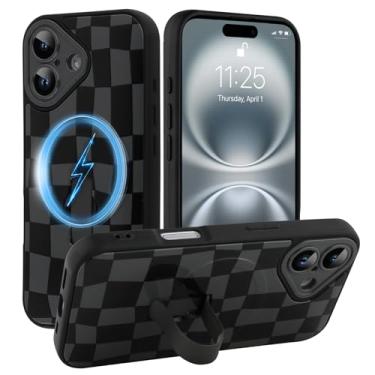 Imagem de SOKAD Capa quadriculada magnética para iPhone 16 com suporte de alça de dedo, compatível com Magsafe, lindo tabuleiro de xadrez projetado para mulheres e homens, capa de proteção completa para câmera