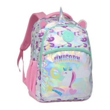 Imagem de Mochila Unicórnio de Costas Escolar 18 Holográfico Rainbow Feminina - 