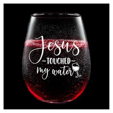 Imagem de LITTLEBIGGER "Jesus Touched My Water" - Taças de vinho, presentes cristãos, presentes de amizade para mulheres, taças de vinho engraçadas para mulheres, homens, amigos, mãe, irmãs. Taça de vinho de