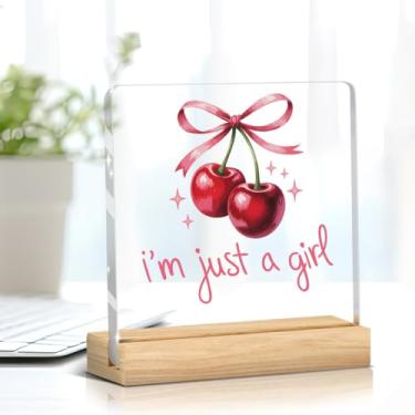 Imagem de Placa acrílica com laço de cerejas rosa "I am Just a Girl", decoração de cereja, placa acrílica, inspiradora, para mesa, mesa, prateleira, escritório, sala de estar, quarto