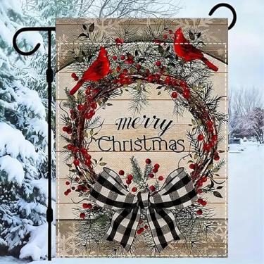 Imagem de Bandeira de jardim de Feliz Natal com design de guirlanda vintage - dupla face, estopa de poliéster à prova de intempéries, lavável, bandeira multiuso para decoração de quintal de férias, 30 x 45 cm