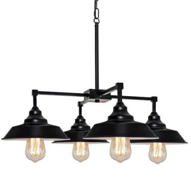 Imagem de Qcazegy Luminária pendente preta para ilha de cozinha, 4 luzes, lustre moderno de casa de fazenda, candeeiro de teto de metal industrial para sala de jantar, corredor, mesa de bilhar