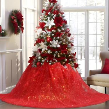 Imagem de Vertintong Saia grande de tule fofo com gola de árvore de Natal de 1,2 m x 3,3 m, plissada, brilhante, tutu para árvore de tutu, decorações românticas de camada dupla para decorações de Natal e