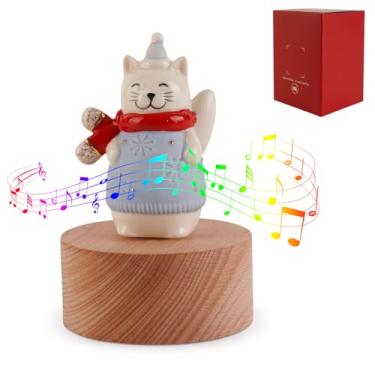 Imagem de Estatueta de caixa de música, figura musical esculpida pintada à mão toca You are Jingle Bells Tune aniversário de Natal, presentes de aniversário para filha, filho, mãe, pai, crianças (gato)