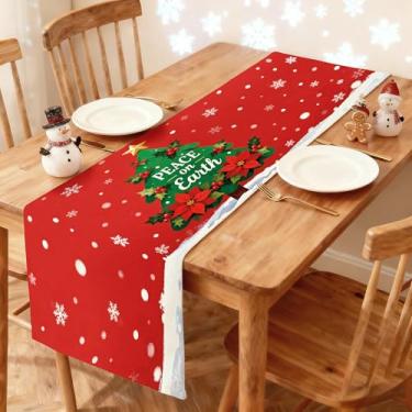 Imagem de Caminho de mesa de Natal 33 x 91 cm - Decoração de mesa de jantar de cozinha de inverno impressa paz na terra árvore de Natal em fundo vermelho neve corredor para decoração de casa festiva de férias