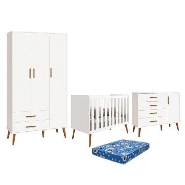 Imagem de Dormitório Infantil Isis Guarda Roupa 3 Portas, Cômoda 1 Porta E Berço Branco Com Colchão - Reller Móveis Branco