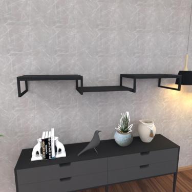 Imagem de Prateleira Industrial Suspensa Estante Parede Nicho Preto Ferro E Madeira Suporte Pratileira