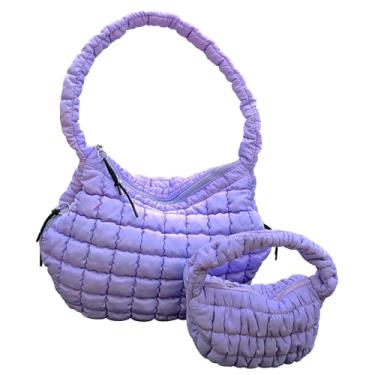 Imagem de Bolsa tiracolo acolchoada para mulheres - acolchoada, inchada e moderna - Bolsas de ombro - Tamanhos grandes e médios - Bolsa gratuita para pessoas - exclusiva com uma mini bolsa fofa (roxa)