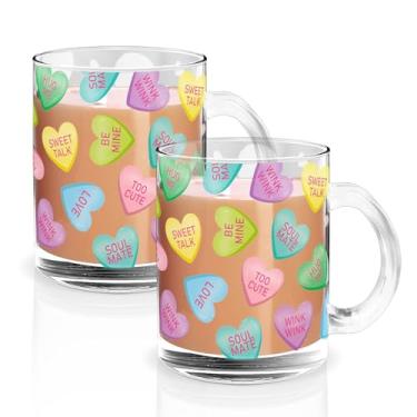Imagem de JarThenaAMCS 2 peças de canecas de café de vidro para dia dos namorados com alças copo de bebida de 340 g pastel conversação coração xícaras de café para casamento, aniversário, decoração de casa