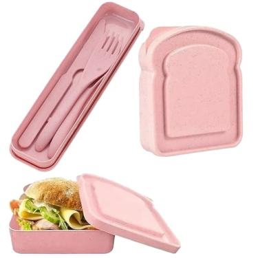 Imagem de Tangseajiao Conjunto de utensílios de viagem rosa, recipientes para sanduíche e palha de trigo, garfo, colheres, talheres, utensílios de mesa, almoço ao ar livre para crianças, adultos, piquenique