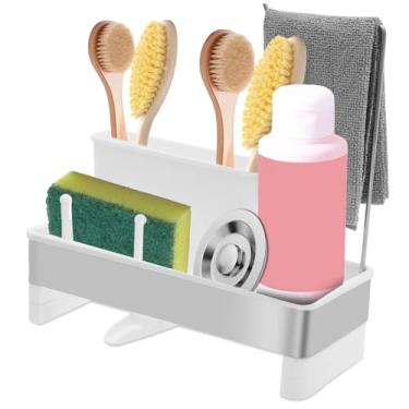 Imagem de DJAPWPX Suporte de esponja para pia de cozinha, suporte multifuncional para pia com bandeja de drenagem automática, suporte de esponja de cozinha resistente à ferrugem para toalha de escova (branco)