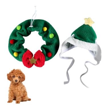 Imagem de Roupa de Natal para gatos, 2 peças de chapéu de Papai Noel ajustável para animais de estimação com lenço de guirlanda para cães pequenos, gatos, artigos de festa de Natal