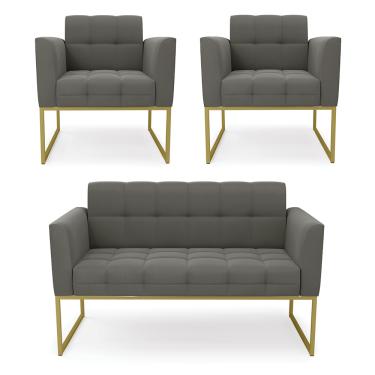 Imagem de Kit 1 Sofá Namoradeira e 2 Poltronas Elisa Suede Grafite Base Metálica Industrial Dourado D03 - D'Rossi