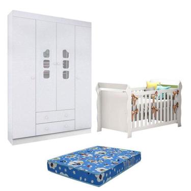 Imagem de Berço Americano Lara E Guarda Roupa Lívia Branco Brilho Com Colchão – Phoenix