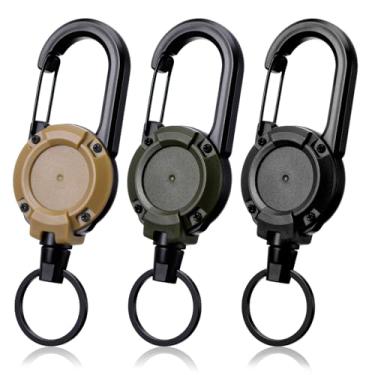 Imagem de LXUEJIE Pacote com 3 chaveiros retráteis, porta-crachás de mosquetão multiferramentas com carretel retrátil de 65 cm para homens e mulheres (preto, verde, cáqui)
