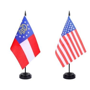 Imagem de JBSJBS Bandeira de mesa da Geórgia dos EUA 30,5 cm conjunto de luxo bandeiras da Geórgia dos EUA mini bandeiras de mesa de escritório do estado americano com base de suporte preto decorações de mesa