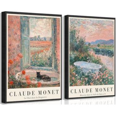 Imagem de ESHLEUUNG 2 peças vintage floral banheiro gato preto pôster arte de parede paisagens impressionistas pintura de parede decoração de parede campo banheiro impressão arte para sala de estar quarto