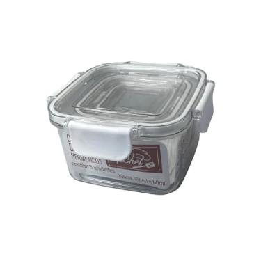 Imagem de Conjunto de Potes Quadrados, 3 Peças, Plástico Transparente com Tampa Branca, 60ml/160ml/380ml, Sistema de Vedação, Empilháveis, para Armazenamento de Alimentos